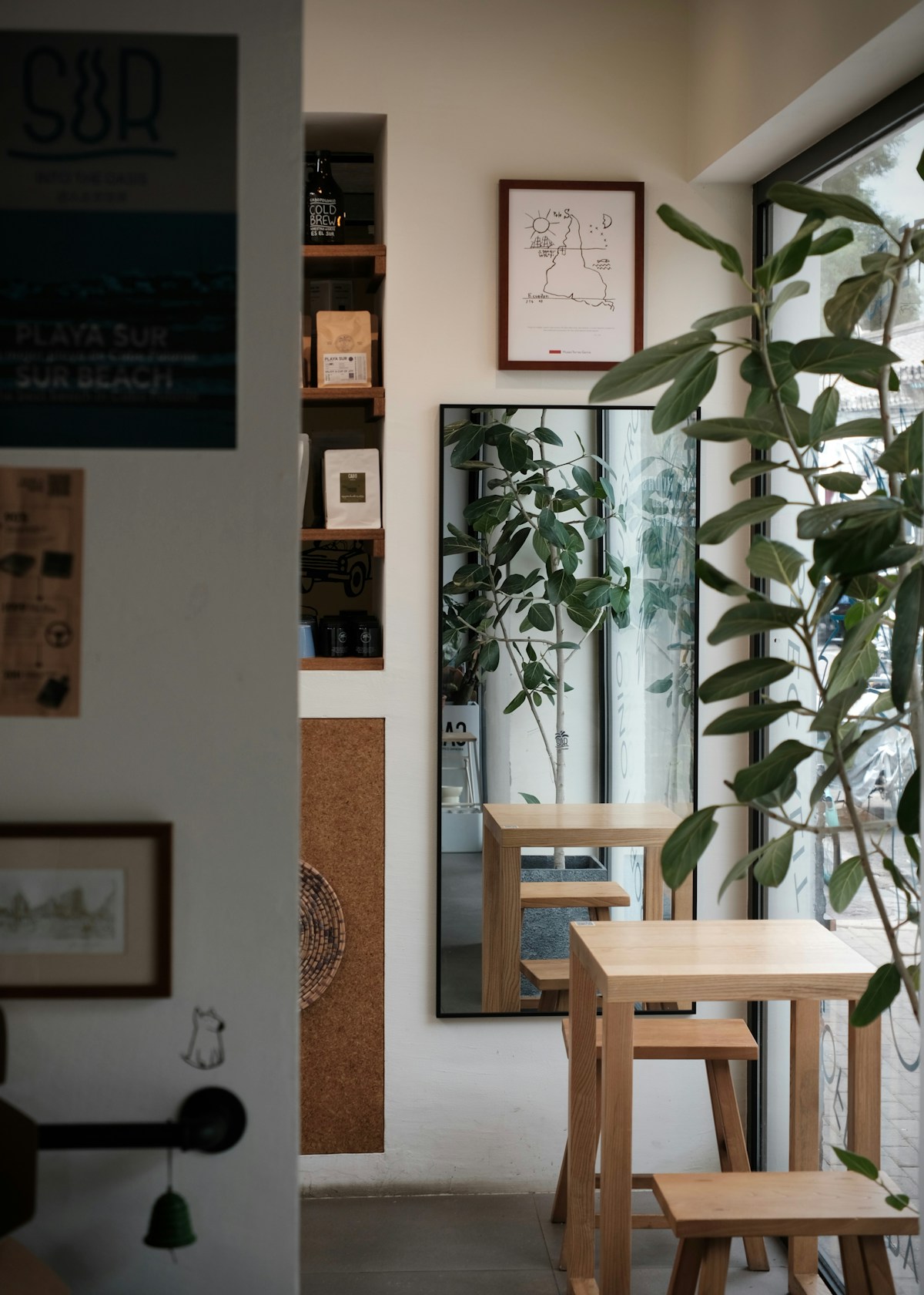 Warm wood and inviting seating inside a sunlit café
